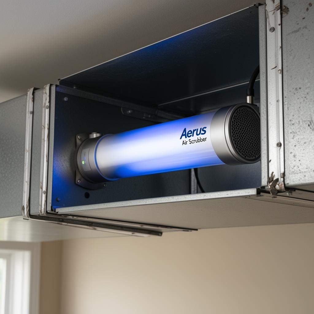 Air Scrubber UV-light air purifier installed inside an HVAC air handler